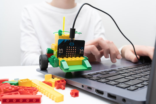 Minsk, Belarus. November, 2019. The BBC robot Micro Bit and lego car. It can be programming on Scratch or Python. Creative, coding, learning, teaching easy and fun. STEM and STEAM education. AI. DIY.