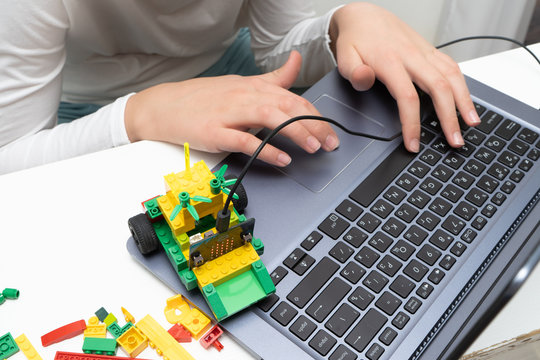 Minsk, Belarus. November, 2019. The BBC robot Micro Bit and lego car. It can be programming on Scratch or Python. Creative, coding, learning, teaching easy and fun. STEM and STEAM education. AI. DIY.