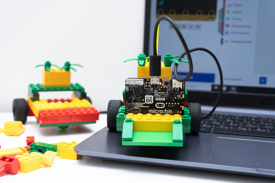 Minsk, Belarus. November, 2019. The BBC robot Micro Bit and lego car. It can be programming on Scratch or Python. Creative, coding, learning, teaching easy and fun. STEM and STEAM education. AI. DIY.