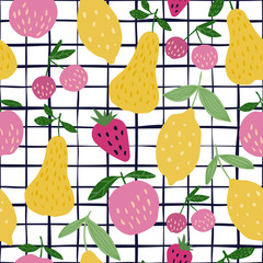 Seamless pattern with summer fruits . Cherry berries, apples, lemons, pears and leaves