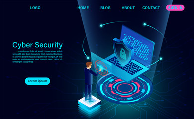 Cyber security concept banner. protect data and confidentiality and data privacy protection concept with icon of a shield and mobile. flat isometric vector illustration