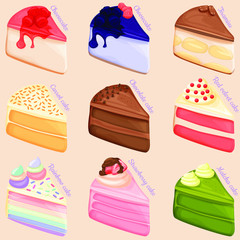 Various cakes slice cartoon style vector illustrations set, isolated colorful pieces of famous cakes.