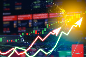 Stock market digital graph chart on LED display concept. A large display of daily stock market price and quotation. Indicator financial forex trade education background.
