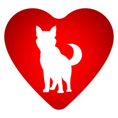 White silhouette of a dog. Red heart.