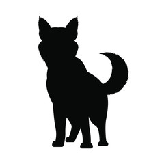 Black silhouette of a dog on a white background. The husky breed.