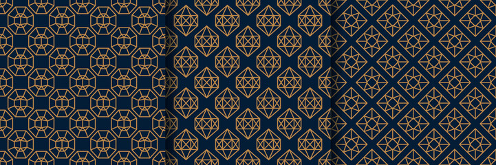 Set of three Gemstone Seamless pattern in minimal trendy style. Gold linear diamonds on a dark blue background. Vector