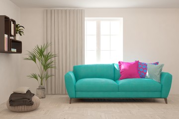 Stylish room in white color with sofa. Scandinavian interior design. 3D illustration