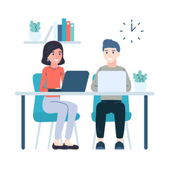 Coworking people. Teamwork employees. Business meeting vector illustration. Freelancers character