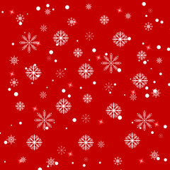 Festive background of snowflakes and snow for the New Year and Christmas. White snowflakes with snow and flickering highlights on a red gradient.