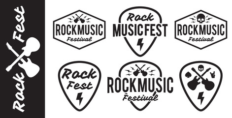 Rock fest badge vector set. Heavy metal hipster logo label guitar pick mediators illustration