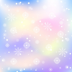 Fototapeta na wymiar White snowflakes with snow on a beautiful pastel gradient. Winter snow background.