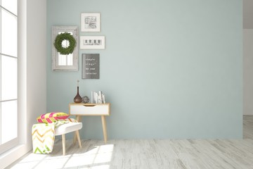 Empty room in blue color. Scandinavian interior design. 3D illustration