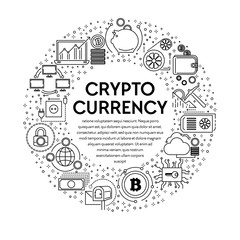 Cryptocurrency banner with linear icons set in circle