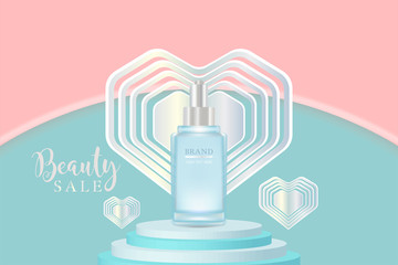 Beauty product ad design, blue cosmetic container with valentine concept advertising background ready to use, luxury skin care banner, illustration vector.	