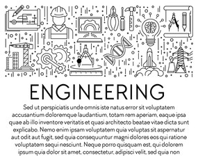 Engineering banner template with graphic linear icons and text