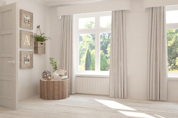 Stylish empty room in white color with summer landscape in window. Scandinavian interior design. 3D illustration