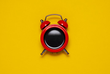 Red coffee alarm clock with bells, copy space