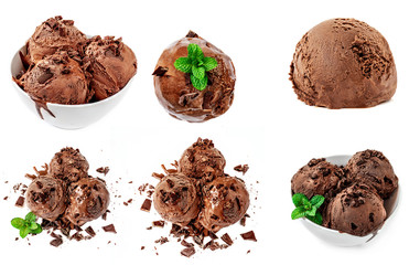 Chocolate  ice-cream Collection  isolated on white background. Delicious Ice Cream close-up