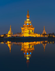 Aerial view shot of eastern Khon Kaen with Wat Thung Setthi temple at twilight time in Thailand.