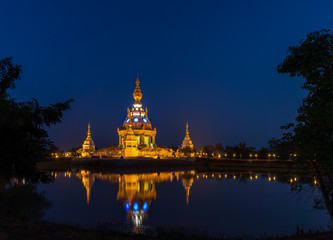 Fototapeta na wymiar Aerial view shot of eastern Khon Kaen with Wat Thung Setthi temple at twilight time in Thailand.