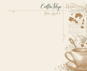 Vector menu for Coffee house with a place for the price list, with a hand-drawn coffee cup, dragonfly and handwritten inscriptions on a light abstract background with illegible notes and blots