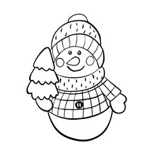  vector illustration of a snowman coloring book, black and white sketch on a white background