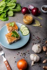 Piece of homemade jelly with meat on the plate. Aspic poultry and beef, traditional Russian and Ukrainian dish with mustard, spices and different ingredients. Holodets