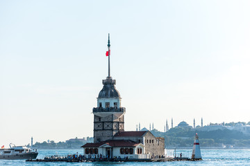 Obraz premium The Maiden's Tower, also known as Leander's Tower since the medieval Byzantine period, is a tower lying on a small islet located at the southern entrance of the Bosphorus strait