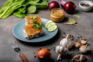 Piece of homemade jelly with meat on the plate. Aspic poultry and beef, traditional Russian and Ukrainian dish with mustard, spices and different ingredients. Holodets