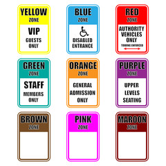 Set of colorful event signs, regarding  various public events organization in terms of parking, orientation, guidance directions etc.  