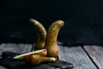 Conference pears on an old wooden table