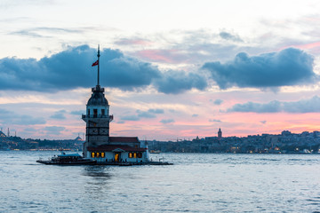 The Maiden's Tower under the sunset, also known as Leander's Tower since the medieval Byzantine period, is a tower lying on a small islet located at the southern entrance of the Bosphorus strait