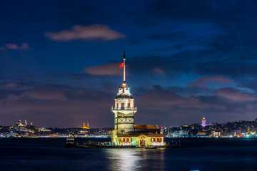Night view of the Maiden's Tower, also known as Leander's Tower since the medieval Byzantine period, is a tower lying on a small islet located at the southern entrance of the Bosphorus strait