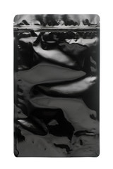 Empty black foil zipper bag isolated on white background