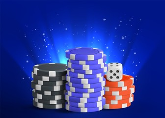 Casino banner with white dice, blue, black and red chips on dark background. Vector illustration concept.