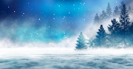 Dark winter forest background at night. Snow, fog, moonlight. Neon figure in the center. Dark neon night background in the forest with moonlight. Night view, magic
