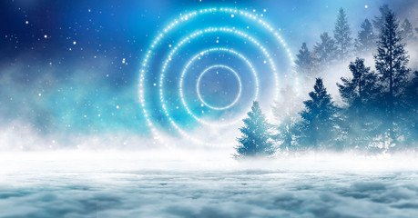 Dark winter forest background at night. Snow, fog, moonlight. Neon figure in the center. Dark neon night background in the forest with moonlight. Night view, magic