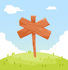 nature landscape background with wooden signboard, cute flat design, vector illustration. Flat Summer Mountains landscape with green hills and grass