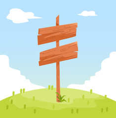 nature landscape background with wooden signboard, cute flat design, vector illustration. Flat Summer Mountains landscape with green hills and grass