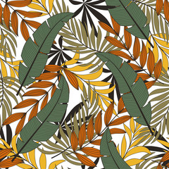 Botanical seamless tropical pattern with bright green and orange plants and leaves on a light background. Beautiful seamless vector floral pattern.  Jungle leaf seamless vector floral pattern.