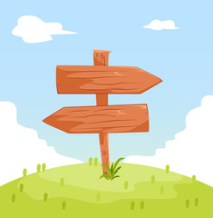 nature landscape background with wooden signboard, cute flat design, vector illustration. Flat Summer Mountains landscape with green hills and grass