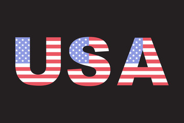 USA flag text, American flag in letters, isolated on black background, vector illustration.