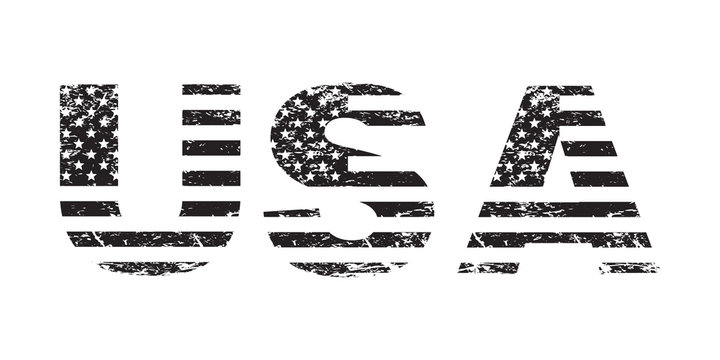 USA flag grunge text, American flag in letters, black isolated on white background, vector illustration.