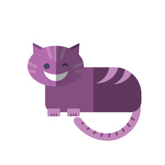 Vector flat illustration of smiling Cheshire Cat in magenta pink colors isolated on white. Cheshire Cat from kids fairy tale, tricky and smiling cute character for magic game app and child