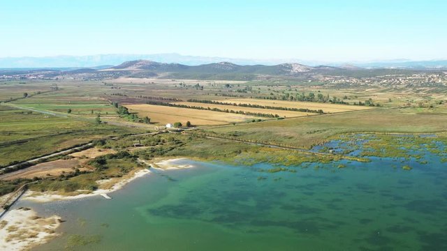 Aerial view of the ornithological nature park and Vrana lake (Vransko jezero) in Dalmatia, Croatia