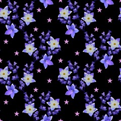 Beautiful seamless pattern with fantasy flowers of bellflowers and pink stars on white background.