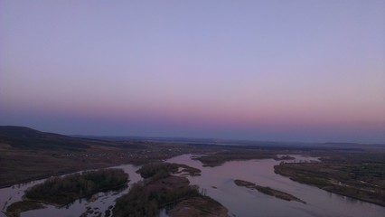 summer evening.channels of the Yenisei river, view from the mountain