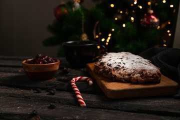 Christmas stolen, on a wooden board, dark background, boke lights
