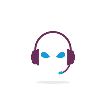 Headphones vector logo. Headset with microphone and alien eyes. Earphone isolated icon. Headphone and mic. Color logo for music and sound. 