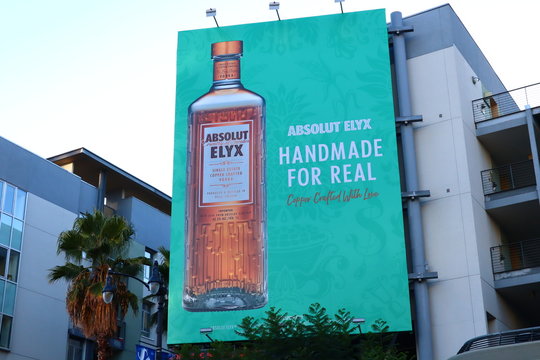 Hollywood, California - October 6, 2019: Billboard view of Absolut ELYX Vodka on the building in Vine Street, Hollywood 